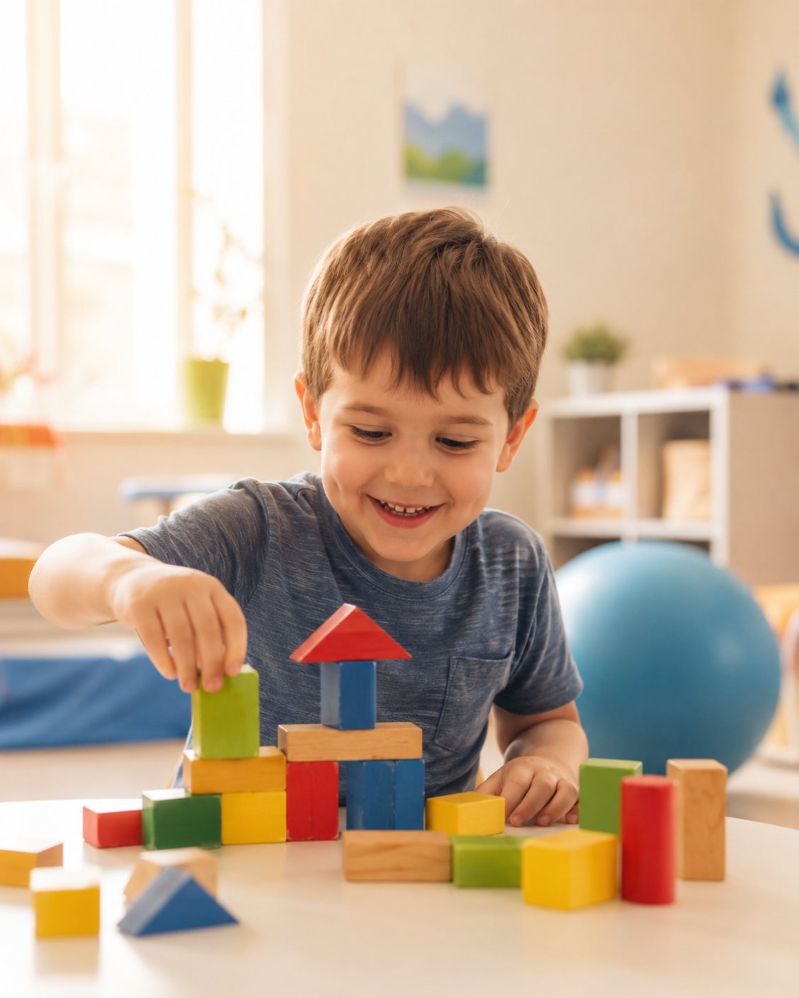 A smiling child building with colorful wooden blocks during a play-based ABA therapy session